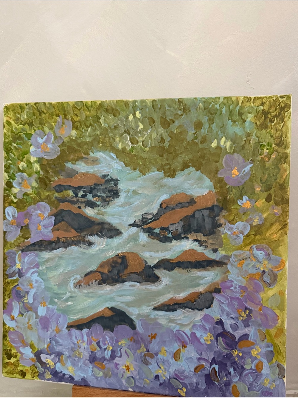 Hand painted acrylic floral River Landscape Canvas in Green, Lavender and Brown